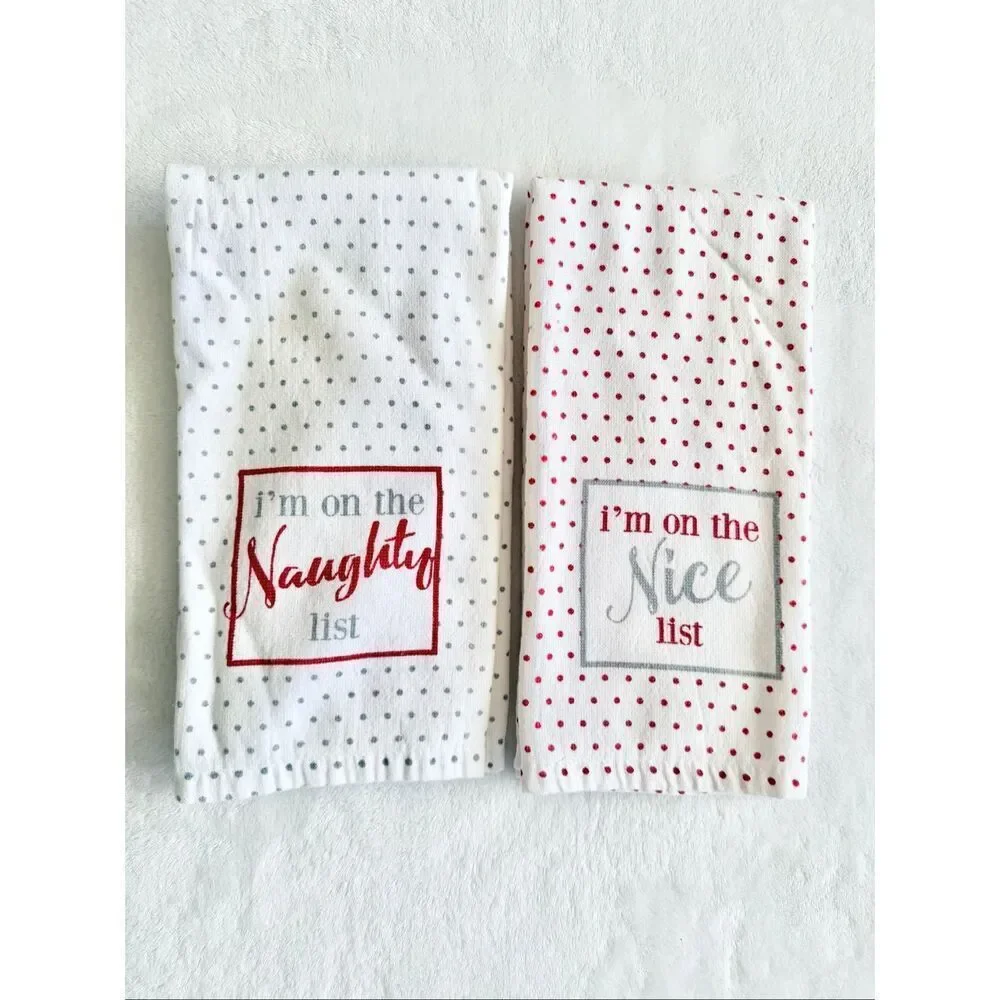 Naughty and nice polkadot red white and gray Christmas dish towels -set of two